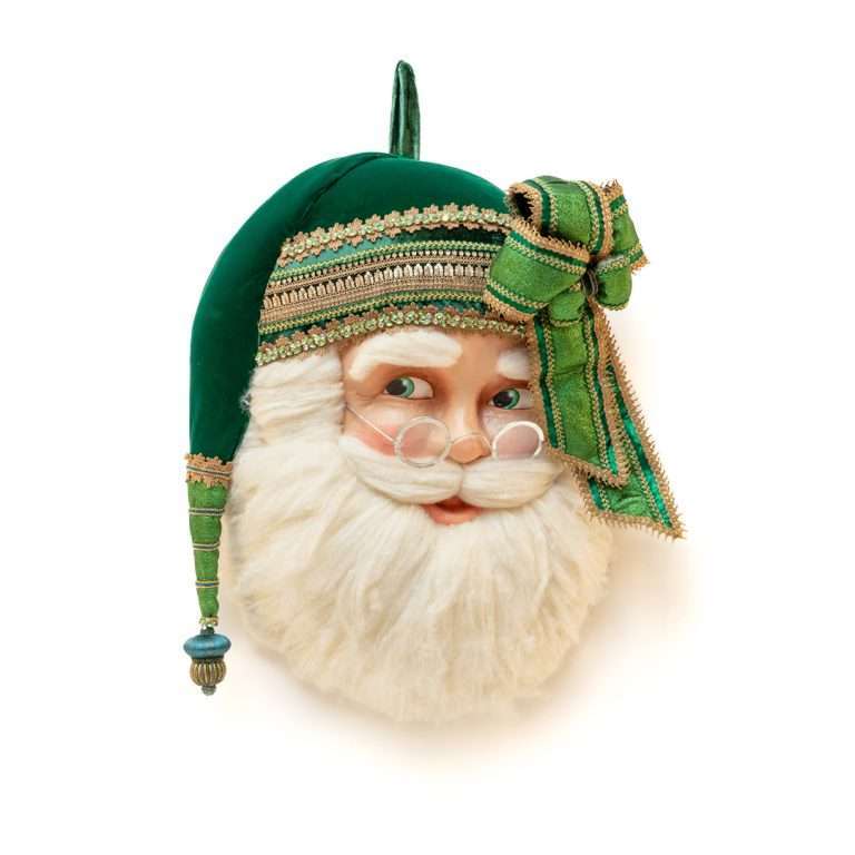 Testa di Babbo Natale Decorativa con Cappello Verde e Dettagli in Oro
