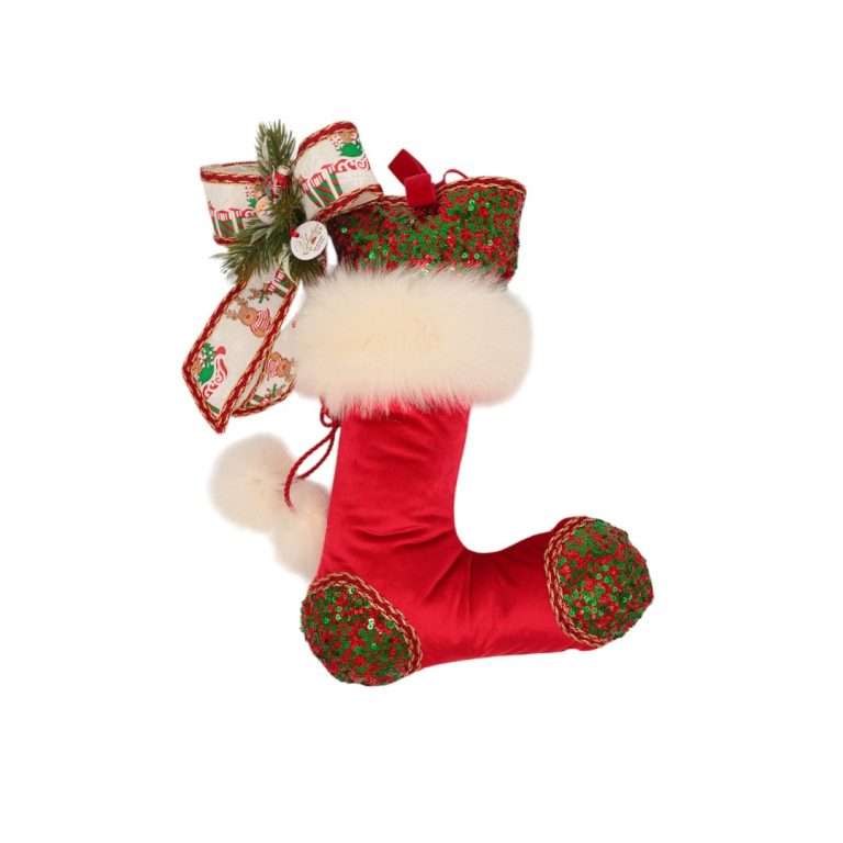 Calza velluto rosso con nastro paillettes verde/rosso