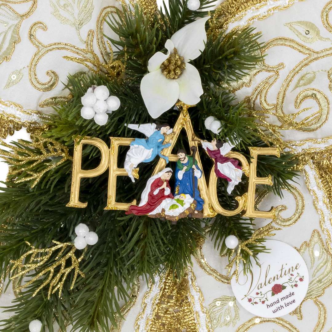 “Decorazione Fiocco Decori Foglie Oro Peace con Presepe” H40X30L CM – Image 2
