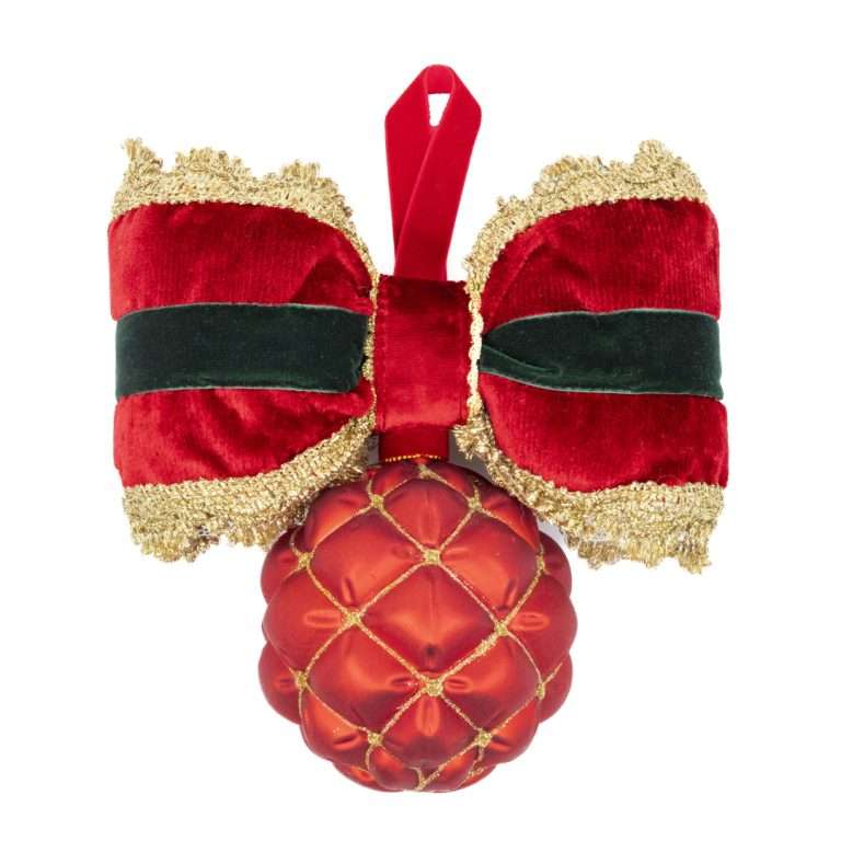 "Sphère en verre rouge ornée de pommes de pin et de décorations dorées H24 x 20