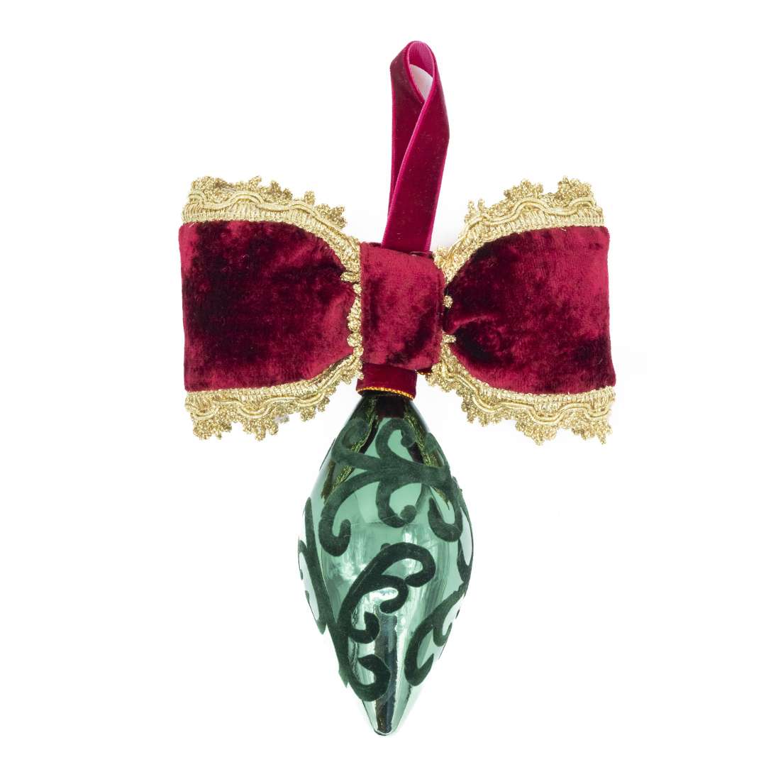 "Sfera Fuso Verde in Vetro con Decori in Velluto" H19X15