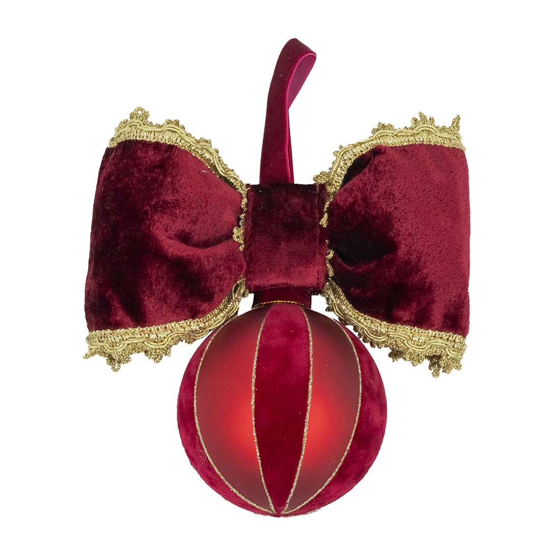 "Glass Sphere with Red and Bordeaux Velvet Wedges" H20X20