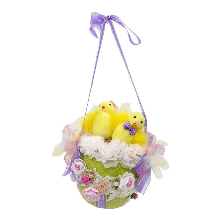 "Cestino Verde C/Pulcini Glitter Da Appendere" L15H25 D10 CM