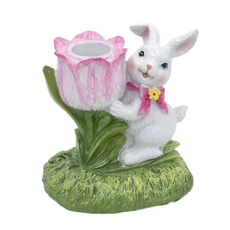 "Porta Candele Tulipano Rosa e Coniglietto" H10 CM