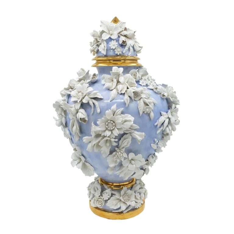 "Potiche Intagliata c/Rose,Uccellini e Coperchio" H45X26 CM