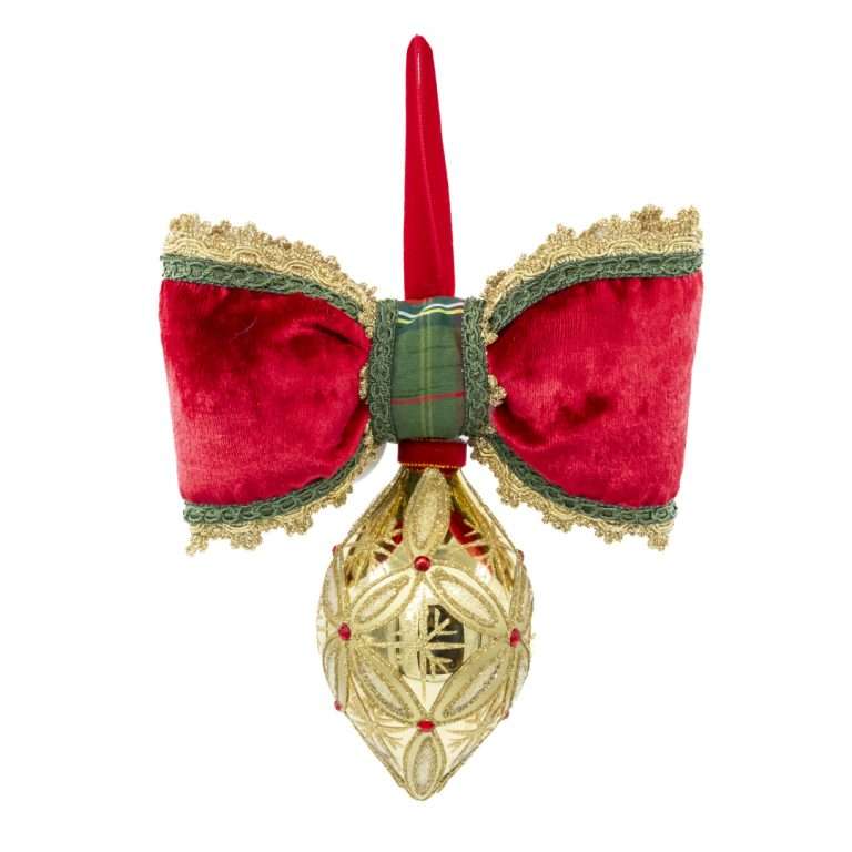 "Decorazione Sfera Oro a Punta c/ Rombi con Pietre Rosse" H24X20
