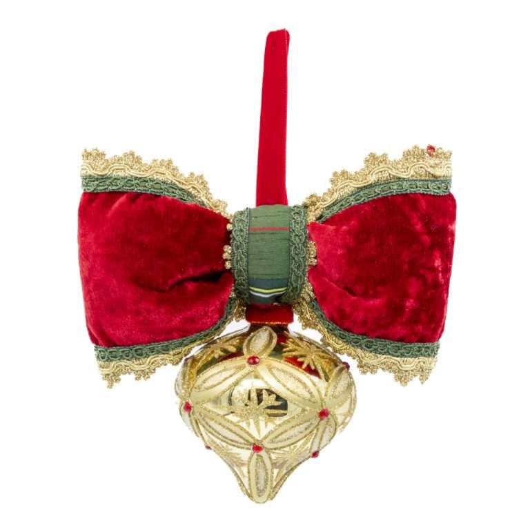 "Decorazione Sfera a Goccia Oro a Rombi con Pietre Rosse" H20X20 CM